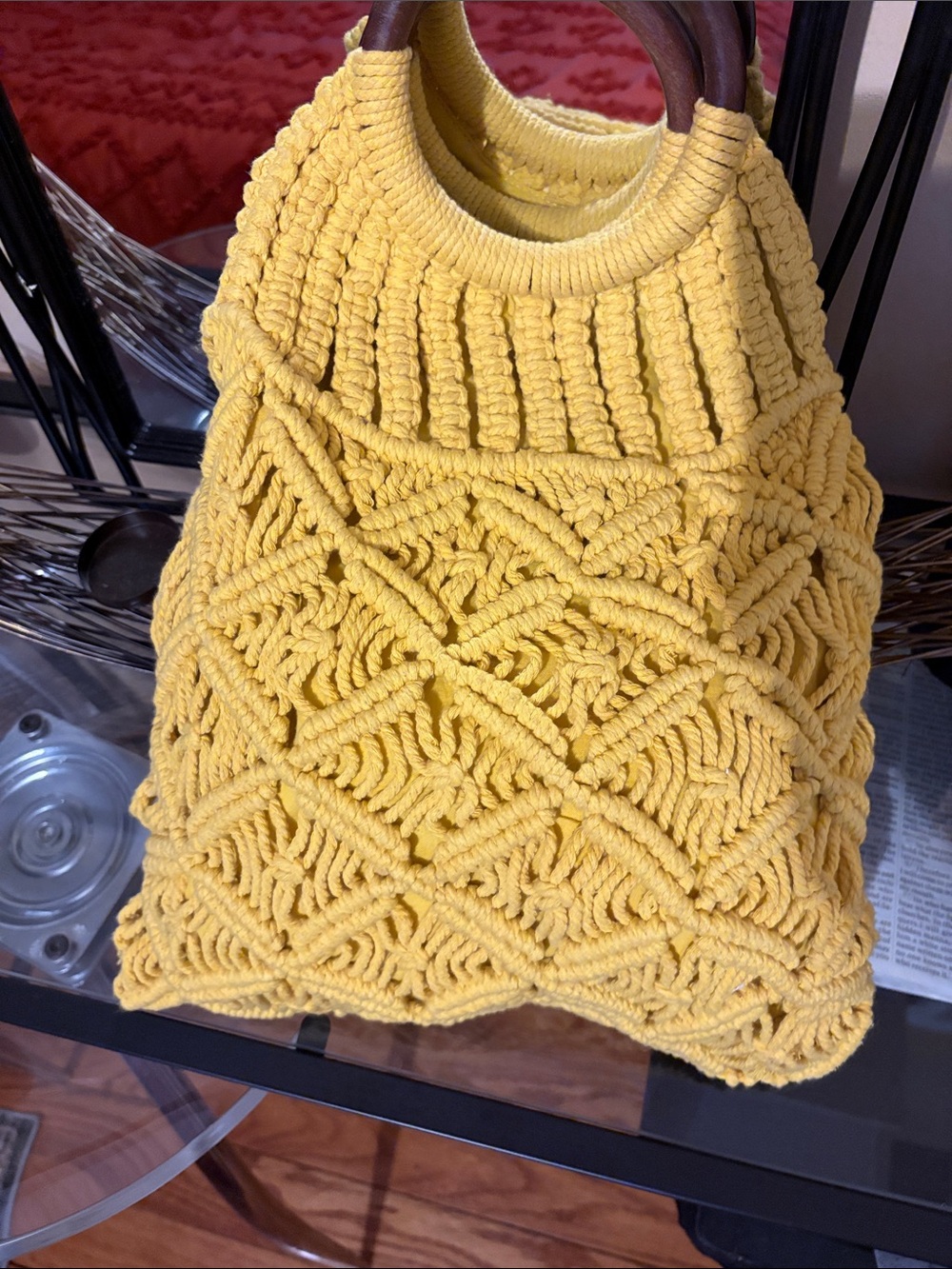 Forever 21 Yellow Macramé Tote with Wooden Handles